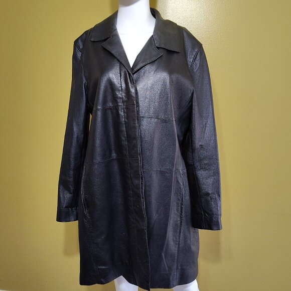 Ladies Studio C Button Down Soft Black Leather Coat Size XL - Picture 1 of 8